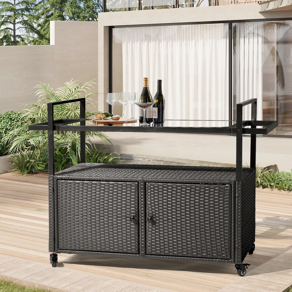 Garden Rattan Wicker Bar Counter Table with Glass Top & Storage Cabinet, Patio