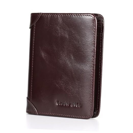 Mens Trifold Leather RFID Blocking Wallet with 2 ID Oil wax brown Vertical