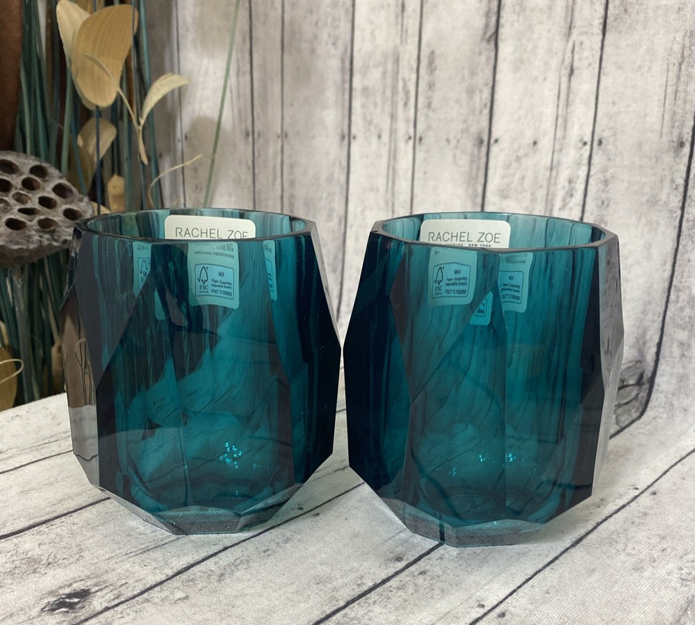 RACHEL ZOE Rare Emerald Sea Green Acrylic Diamond Cut Stemless Wine Glass Set of 2