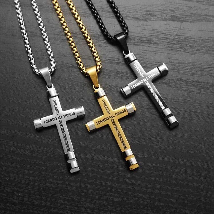 Men Philippians 4:13 Cross Pendant Strength Bible Verse Stainless Steel Necklace