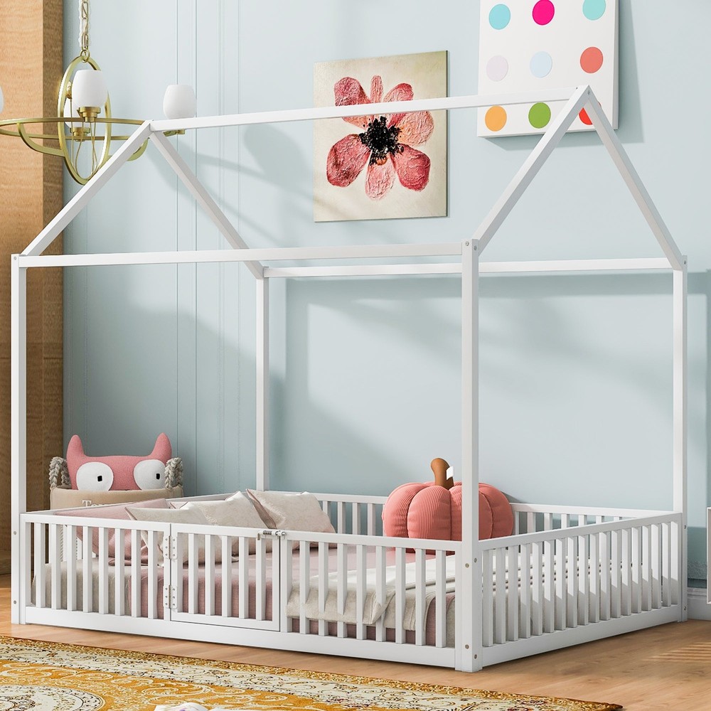 White Full Metal House Bed with Safety Fence-image