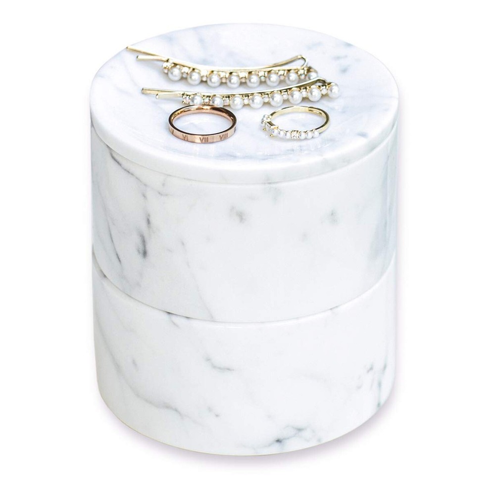 Marble Jewelry Box Organizer Two-Tier Resin Storage Container with Removable Tray
