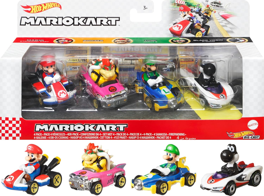 Hot Wheels Mario Kart Set of 4 Die-Cast Toy Cars with Attached Character Drivers