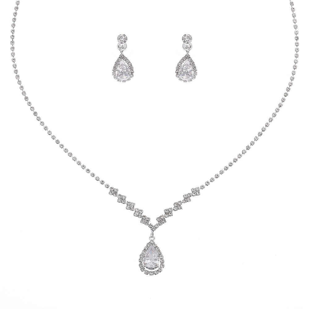 Women's Wedding Crystal Teardrop Pendant Necklace Earrings Dangle Set Silver ...