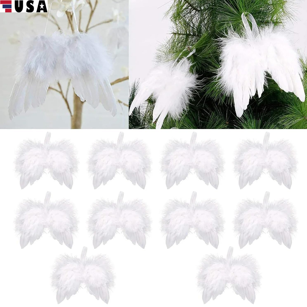 10× White Angel Wings Christmas Feather Baubles XMAS Tree Hanging Ornament Decor