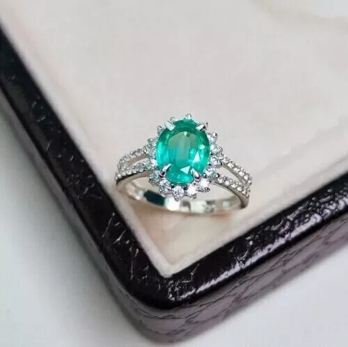 4.00 Ct Oval Cut Natural Emerald & Diamond Engagement Ring 14K White Gold Solid