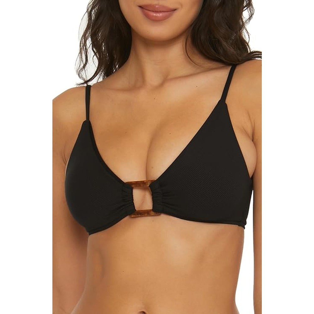 BECCA Women Black Ribbed Modern Edge Convertible Swim Bralette Bikini Top Size S