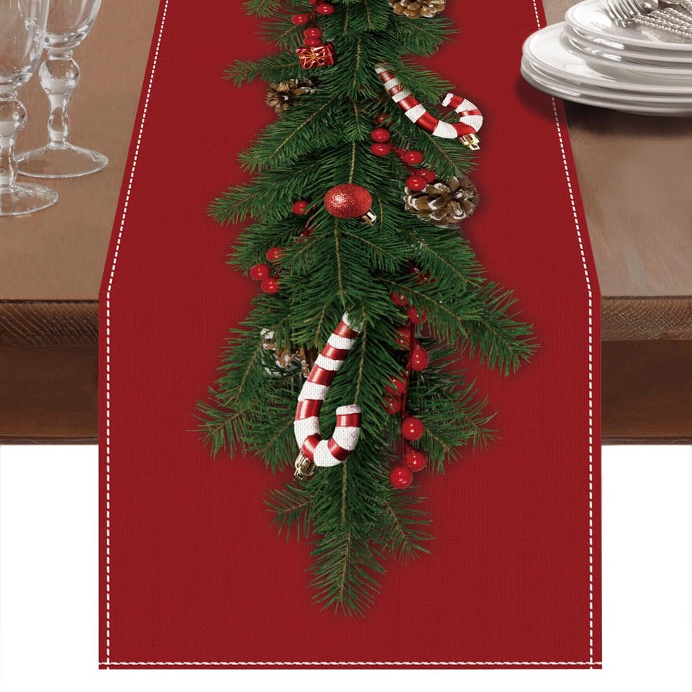 Netnology Watercolor Red Christmas Table Runner with Christmas Tree Branch De...