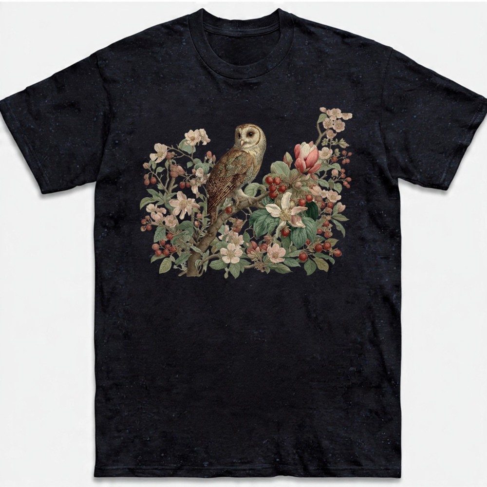 Botanical Owl T-Shirt Vintage Floral Bird Art Cottagecore Nature Graphic Tee