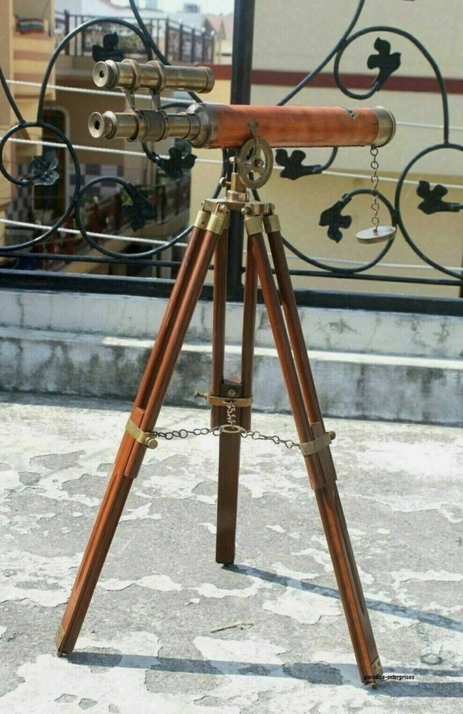 Antique Nautical Floor Standing Brass Telescope With Wooden Tripod Stand Gift
