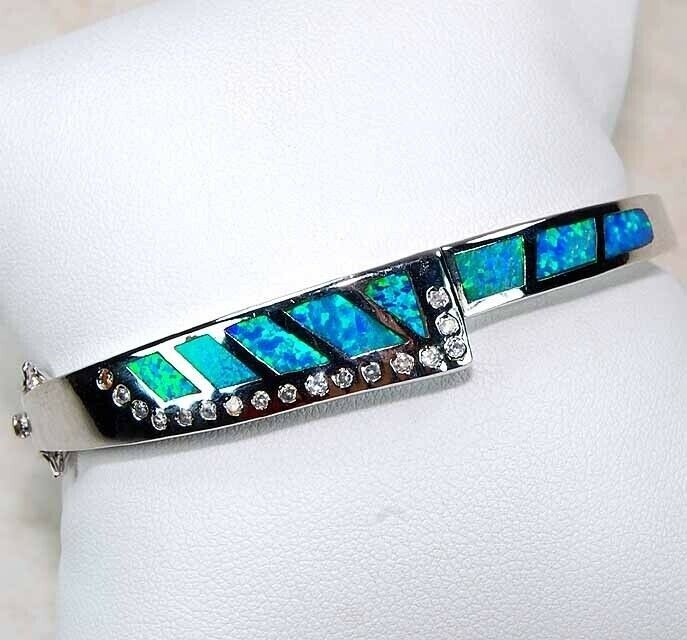 Australian Opal Inlay & Topaz 925 Sterling Silver Bangle Bracelet Jewelry ,OX3