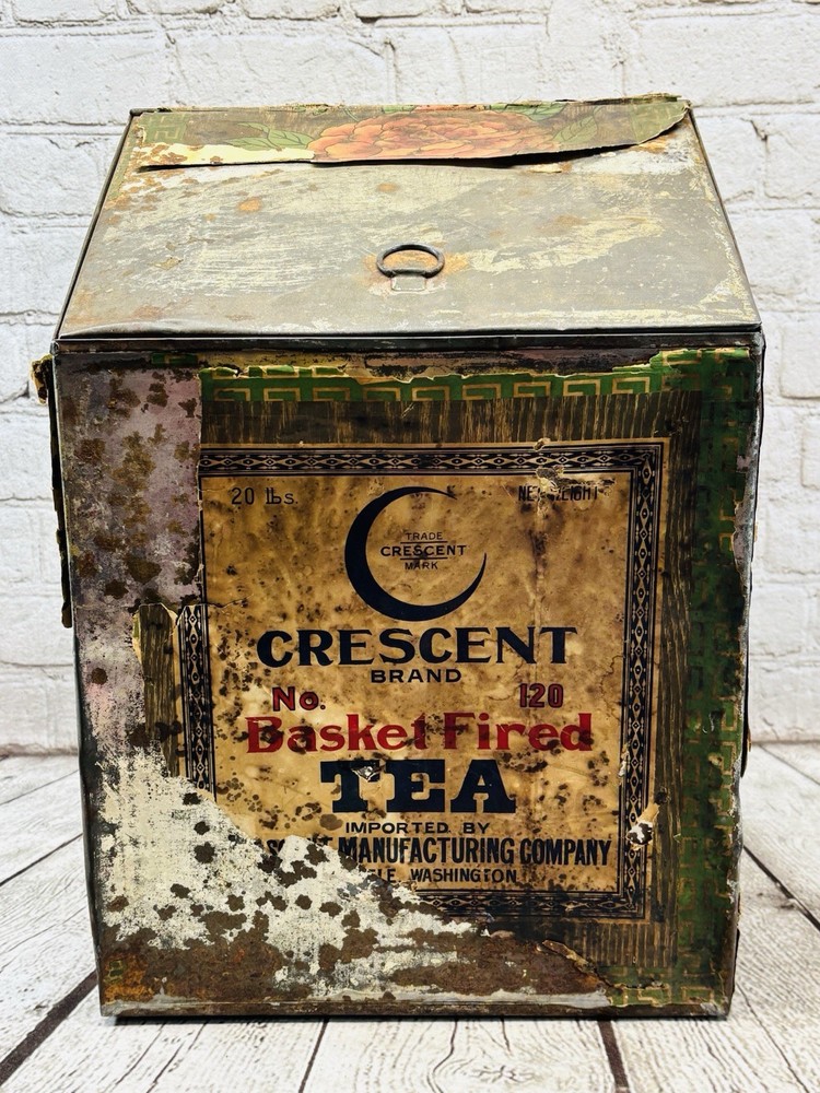 Antique Crescent Brand Basket Fired Tea Tin 20 lb Seattle WA General Store