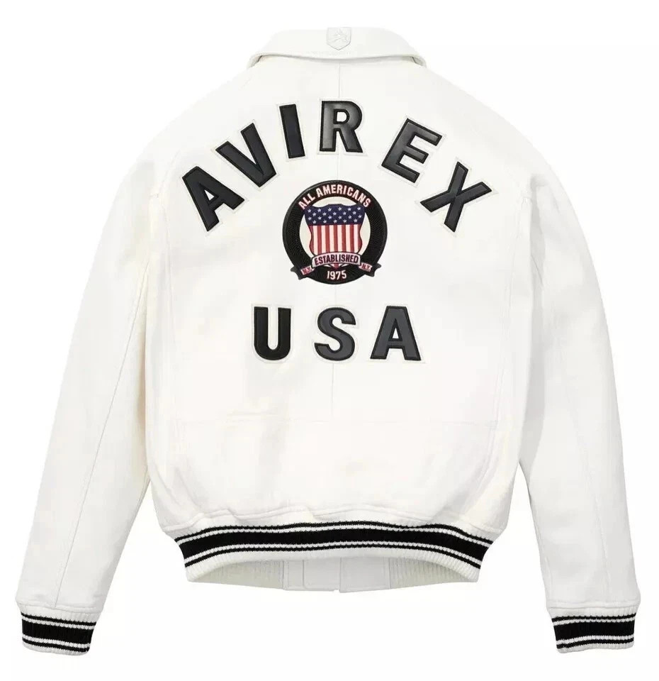 Men Avirex White Real Bomber American Flight Jacket PU Leather Jacket for Men