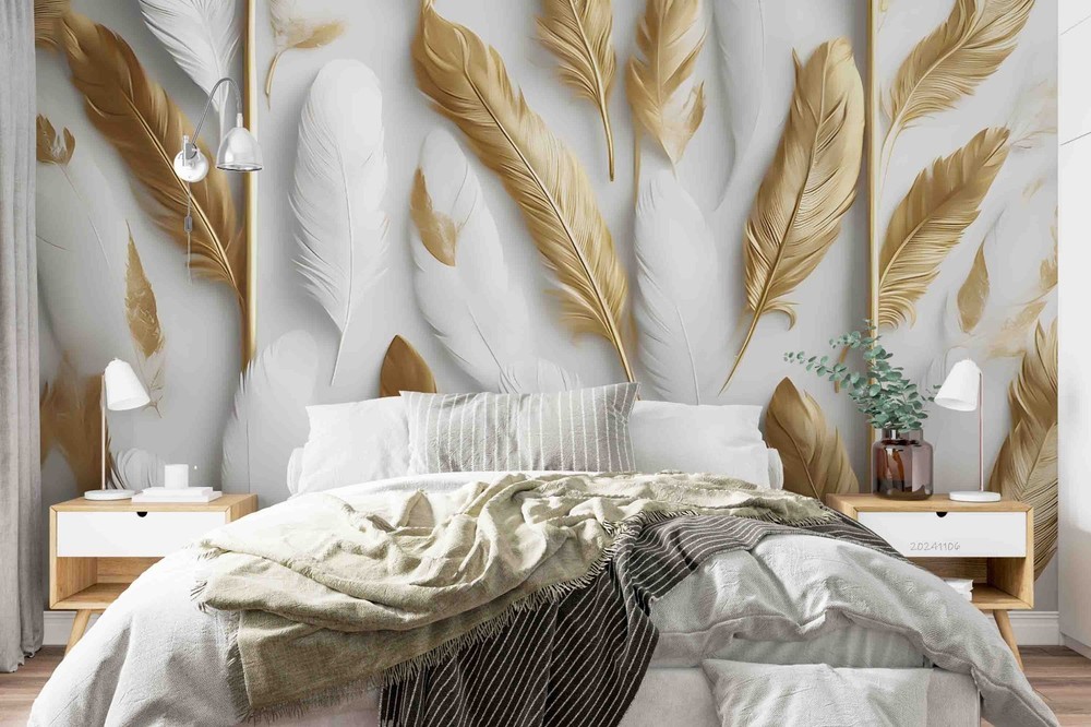 3D Gold White Feathers Wall Murals Wallpaper Murals Wall Sticker