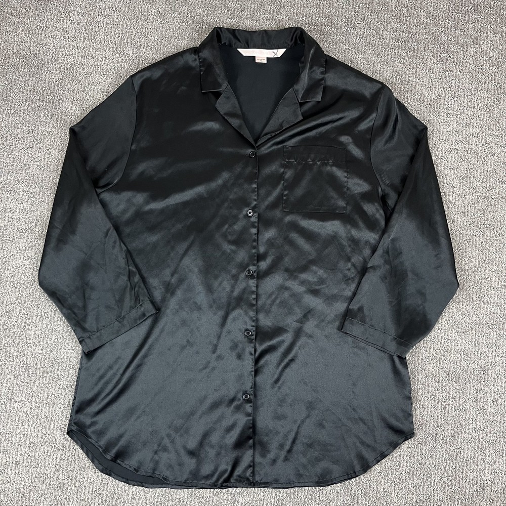 Victoria's Secret Shirt Womens Medium Black Satin Pajama Button Up Pocket