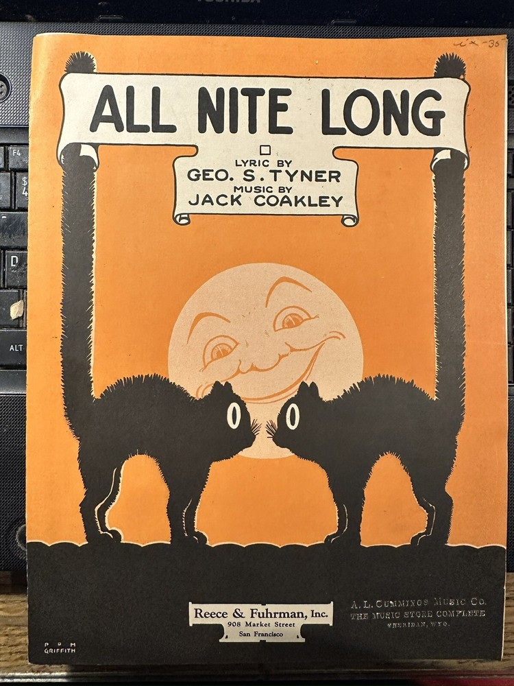 K Weird 1923 San Francisco sheet music ALL NIGHT LONG (Black Cat Art)