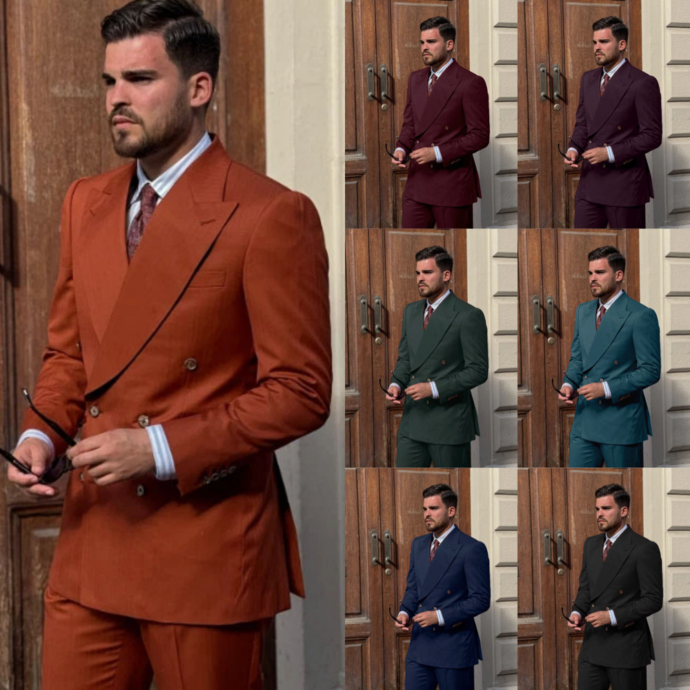 Custom Men's Suit Peak Lapel Business Formal 2Pcs Double Breasted Tuxedo Pants