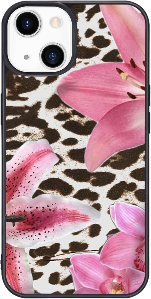 Black Leopard&Pink Lily Phone Case for Iphone 14 Black Leopard Lily Case Cover T