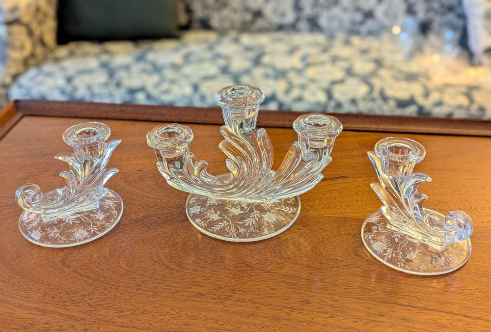 Fostoria Baroque Etched Chintz Trindle Candlestick Candelabra and Holder Set