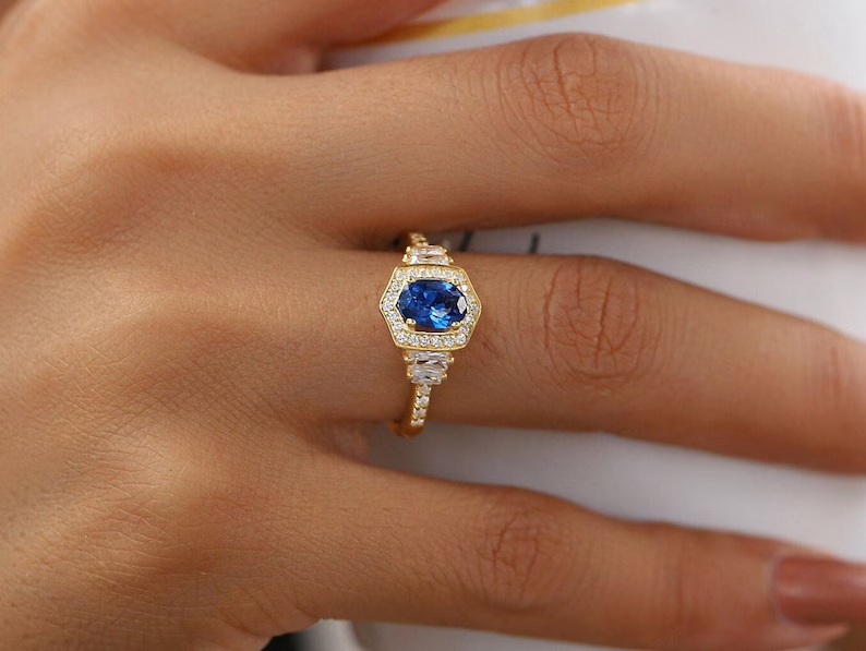 2.13 Ct Oval Simulated Sapphire Hexagon Shape Band Ring 14k Yellow Gold Plated