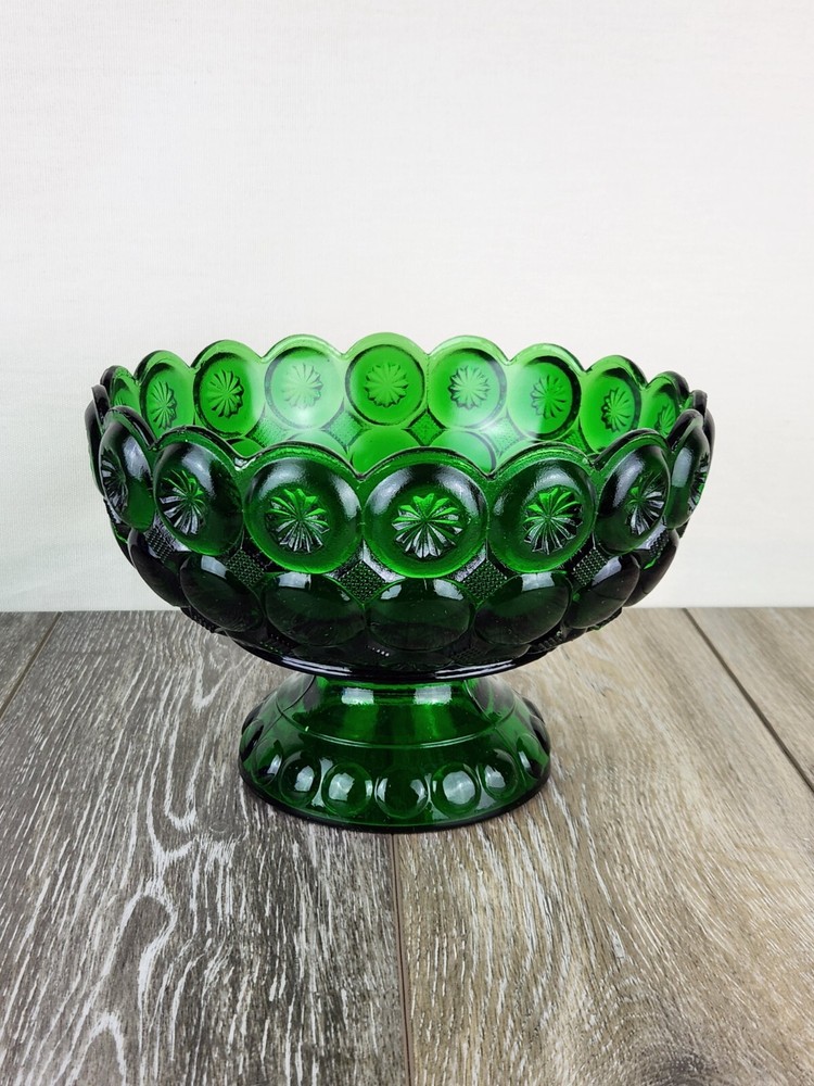 Vintage Kemple Moon & Star Emerald Green Glass Pedestal Candy Dish