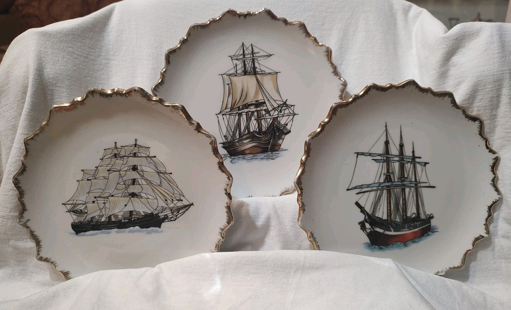 Vintage MCM Nautical Sailing Ship Plates Set of 3 Japan 7 Inch Wall Decor