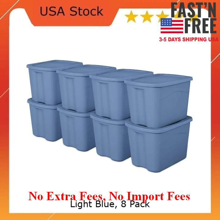 Sterilite 18 Gallon Plastic Storage Bin with Snap-on Lid, Light Blue, 8 Pack