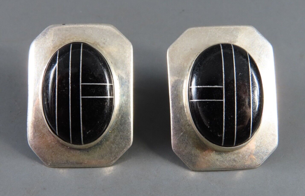STERLING SILVER Zuni Native American BLACK ONYX INLAY EARRINGS Oval Cabochon