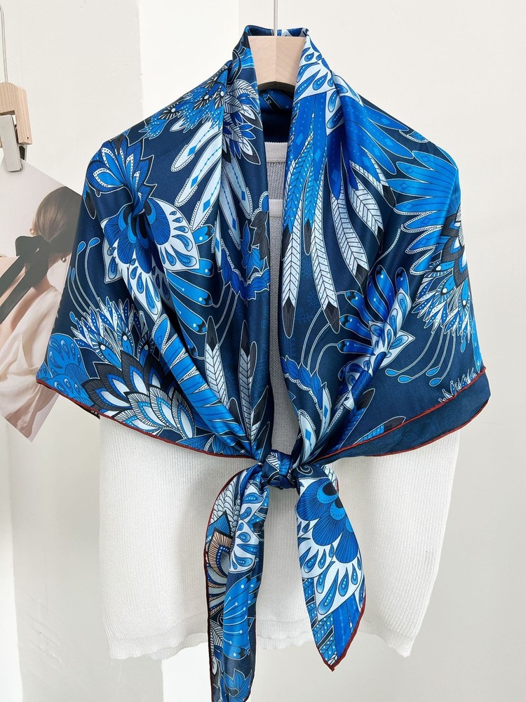 100% Silk 12 Momme Blue Feather Print Square Scarf Shawl 43x43 Inches