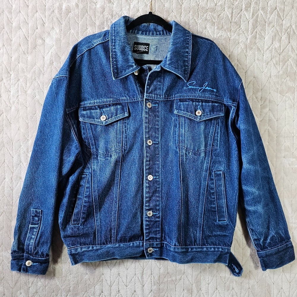 VTG 90s Source Denim Jacket Mens L Relaxed Classic Streetwear Y2K Blue Grunge