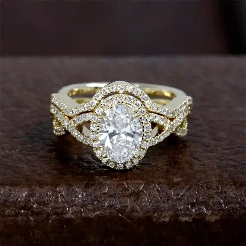3Ct Oval Cut Simulated Diamond Bridal Guard Ring Set In 14K Yellow Gold Plated