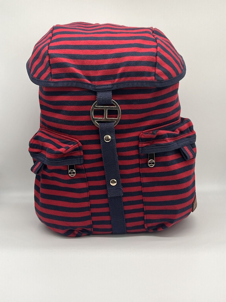 TOMMY HILFIGER Canvas Backpack Red Blue Laptop Drawstring Travel Bag Vtg EUC