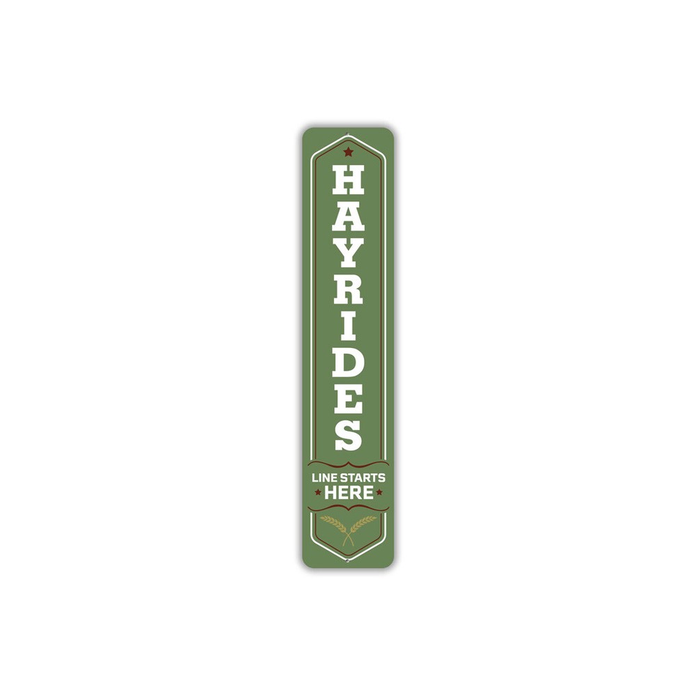 Hayrides Line Starts Here Harvest Metal Sign