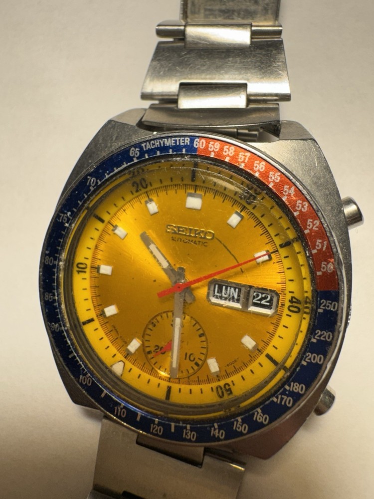 Seiko Pogue Yellow 6139-6002 Speedtimer Chronograph Automatic Mens Watch 1973 Vintage