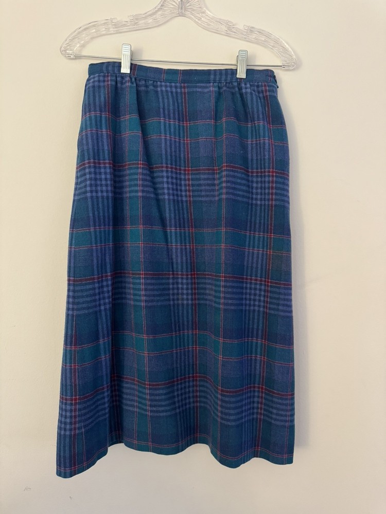 Vintage Pendleton 100% Virgin Wool Blue Plaid Long Pencil Skirt Women Sz 26 USA