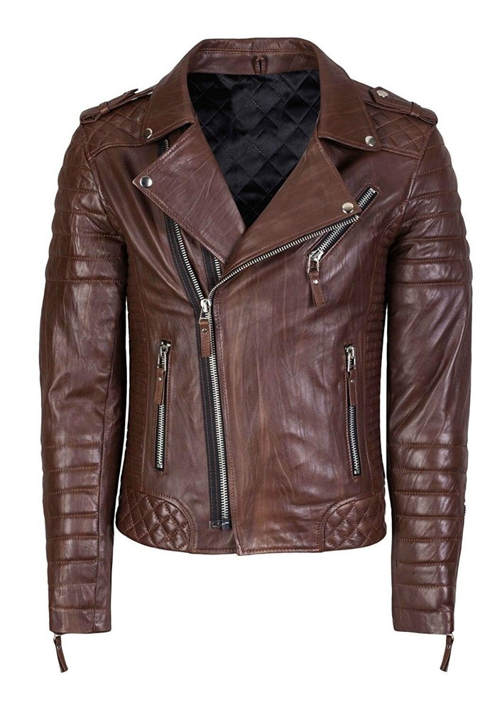 Men's Brown Lambskin Leather Quilted Biker Jacket MBJ6a