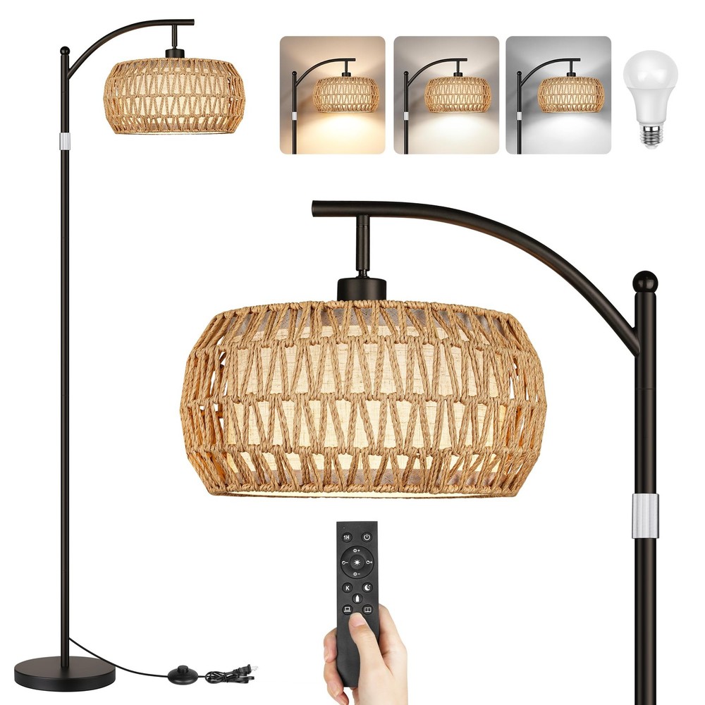 Boho Rattan Linen Floor Lamp with Dimmable Bulb and Double Shades