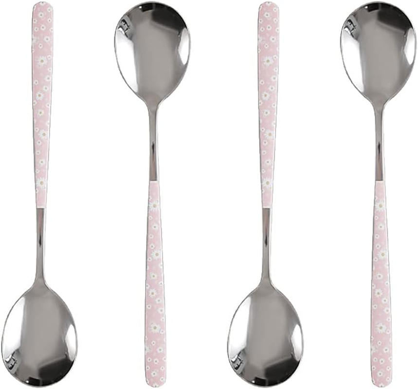 Stainless Steel Soup Spoon,Korean Dessert Spoon,Pink Daisy Mixed Color Spoon for