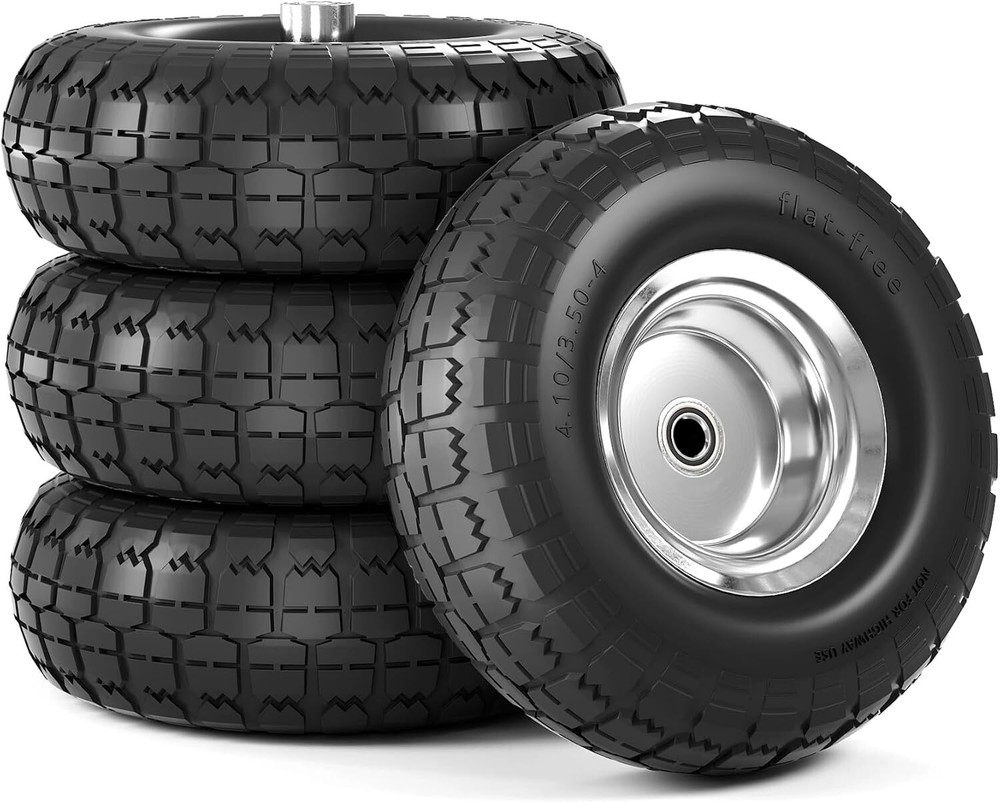 4.10/3.50-4 Tire and Wheel Flat Free, 10 Inch Solid Rubber 101, Black