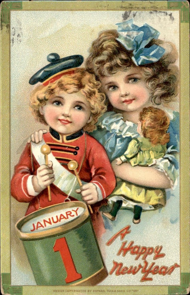 New Years Children Doll Drum Gilt Embossed TUCK Jolly Years Vintage Postcard-image