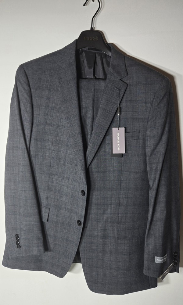 Michael Kors Suit Set 44L Jacket 38x32 Pants Grey Blue Plaid Wool Stretch NWT