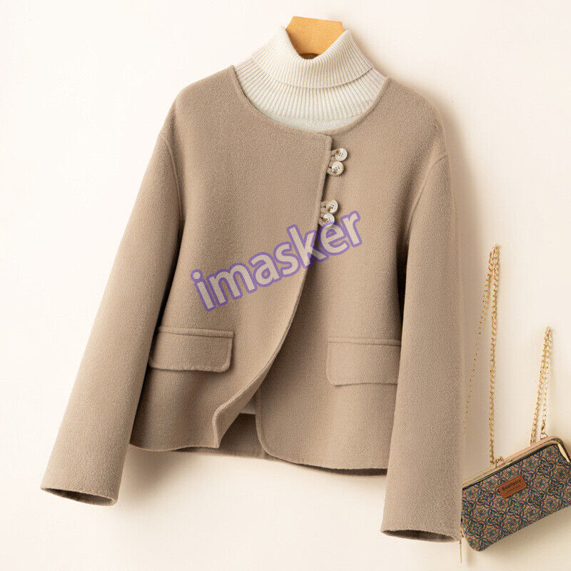 Double-sided Woolen Coat Womens Fashion Casual Loose Korean Crew Neck Short Coat