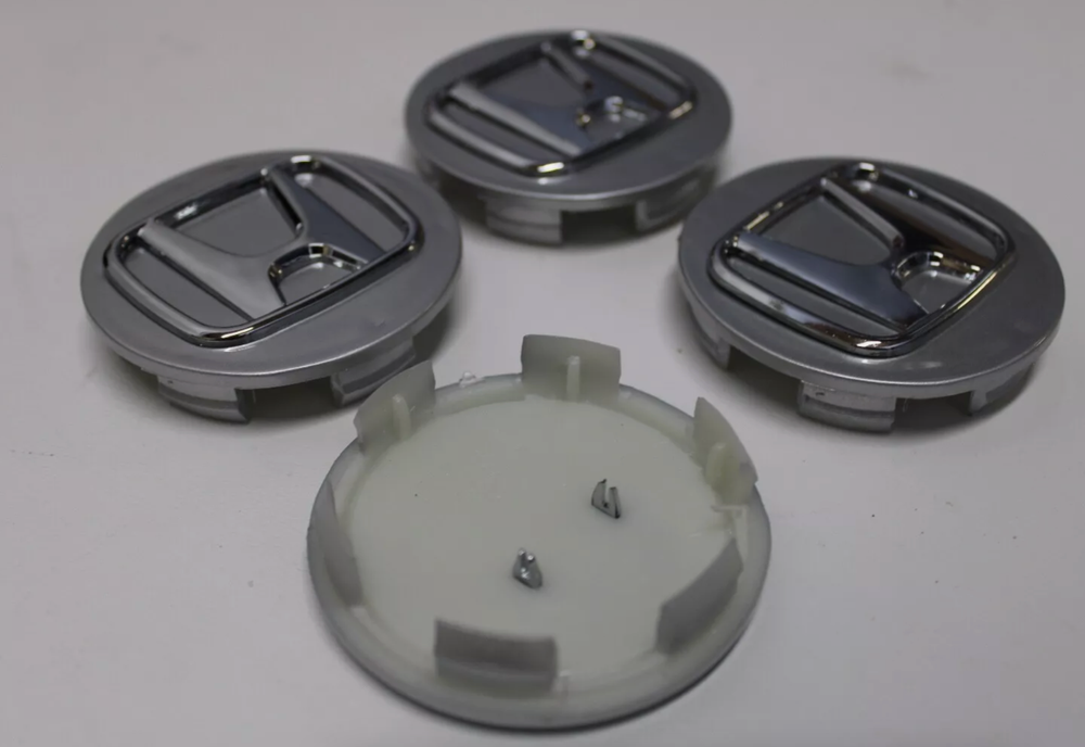 1999-2022 HONDA CIVIC GLOSSY SILVER Wheel Center Caps Black 58mm Rim Emblem Logo