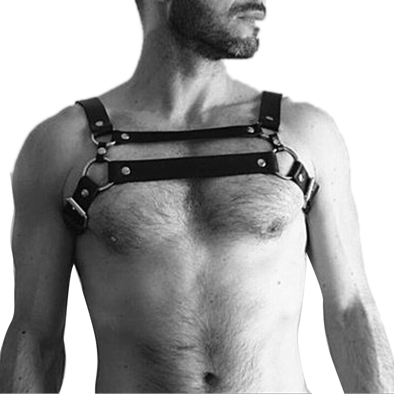 Men's Faux Leather Chest Harness Buckles Bondage Clubwear Costume Bla`uk