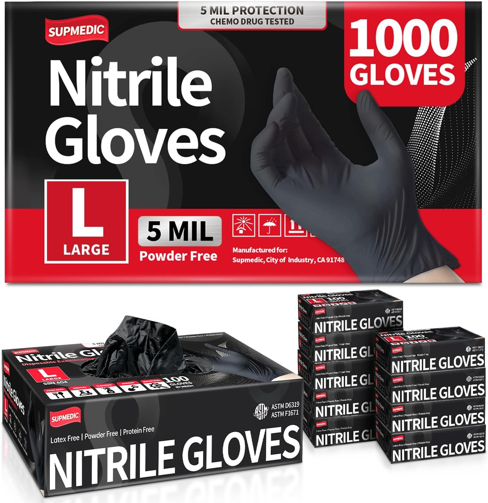 Premium Black Nitrile Exam Gloves - 5 Mil, Powder-Free, Food Safe