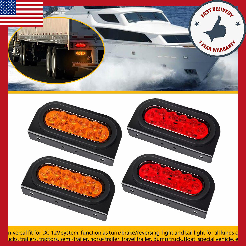 4PCS 10LED Amber Red Oval 6-Inch Trailer Truck Tail Lights with Bracket