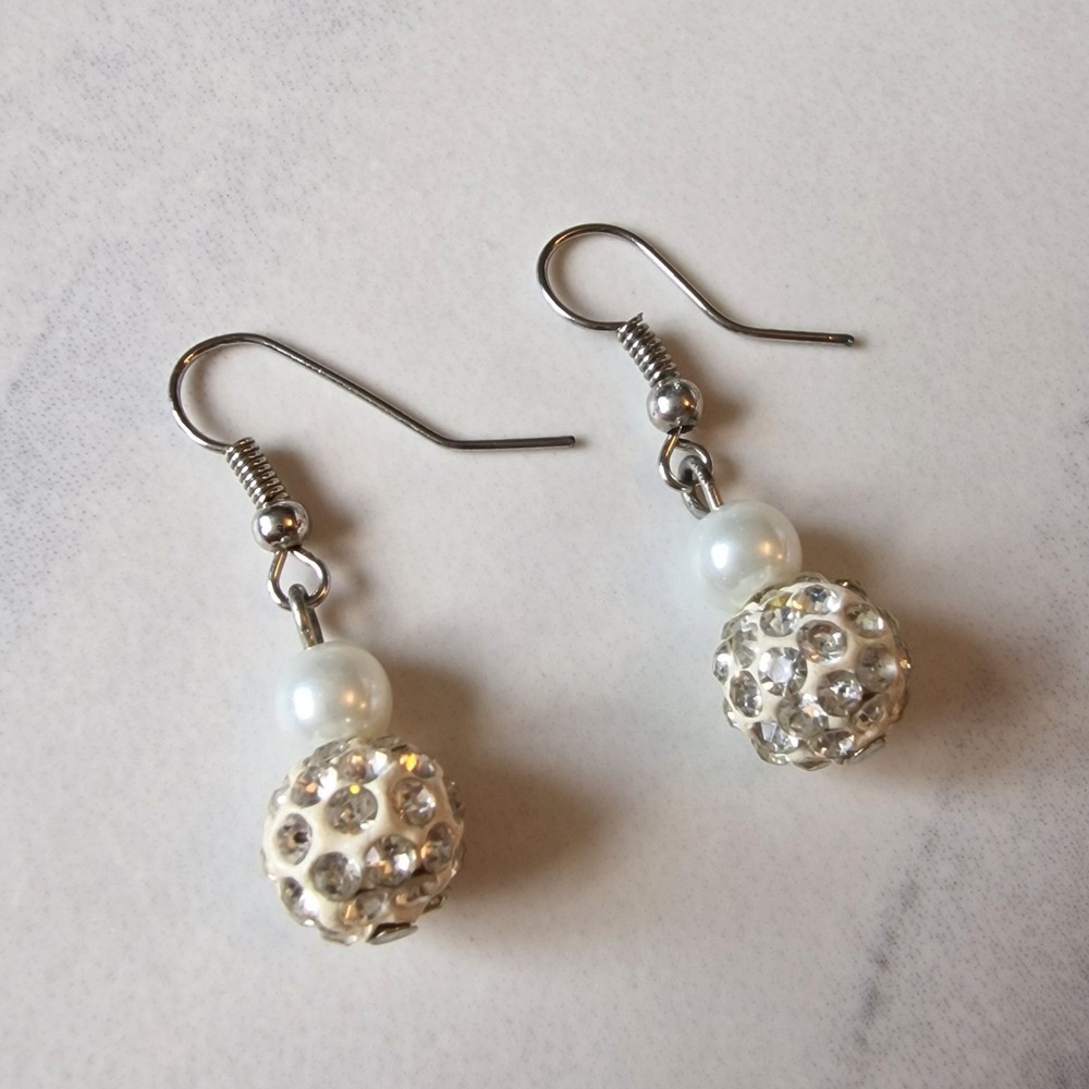 Rhinestone Faux Pearl Silver Tone Dangle Earrings Shamballa Bead Small Drops