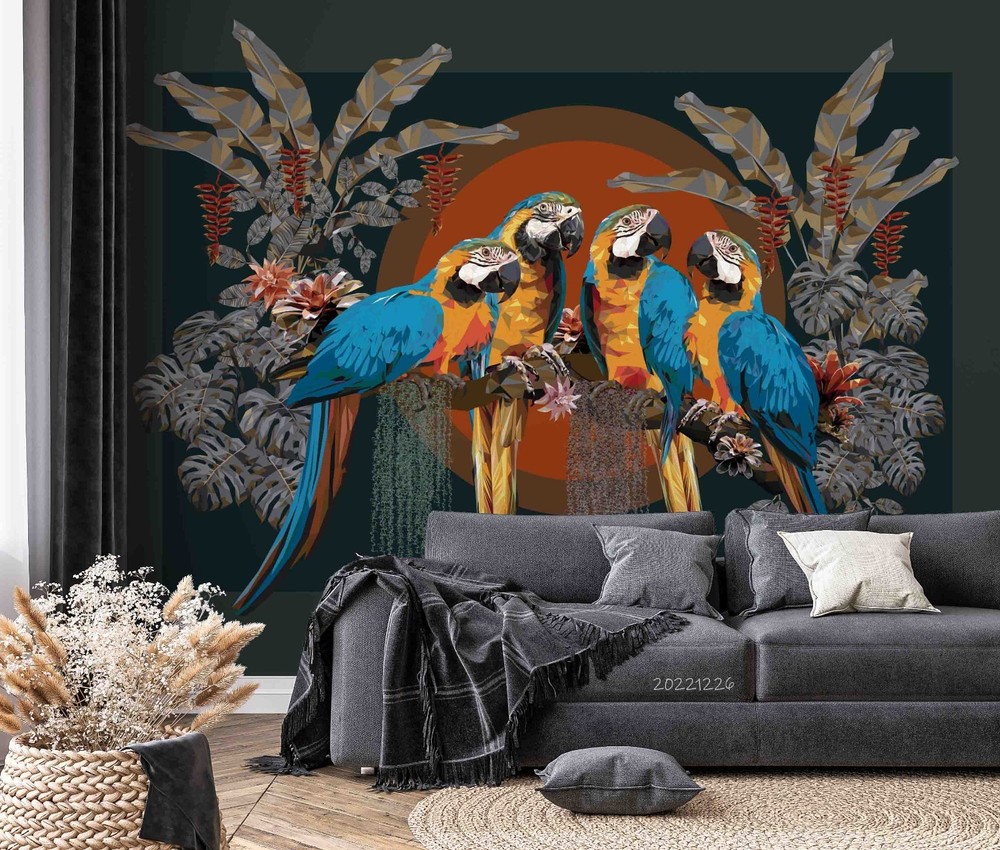 3D Parrot Leaf Circle Illustration Wall Murals Wallpaper Murals Wall Sticker 3