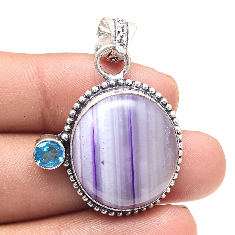Botswana Agate Swiss Blue Gemstone Silver Pendant 1.75 Inch