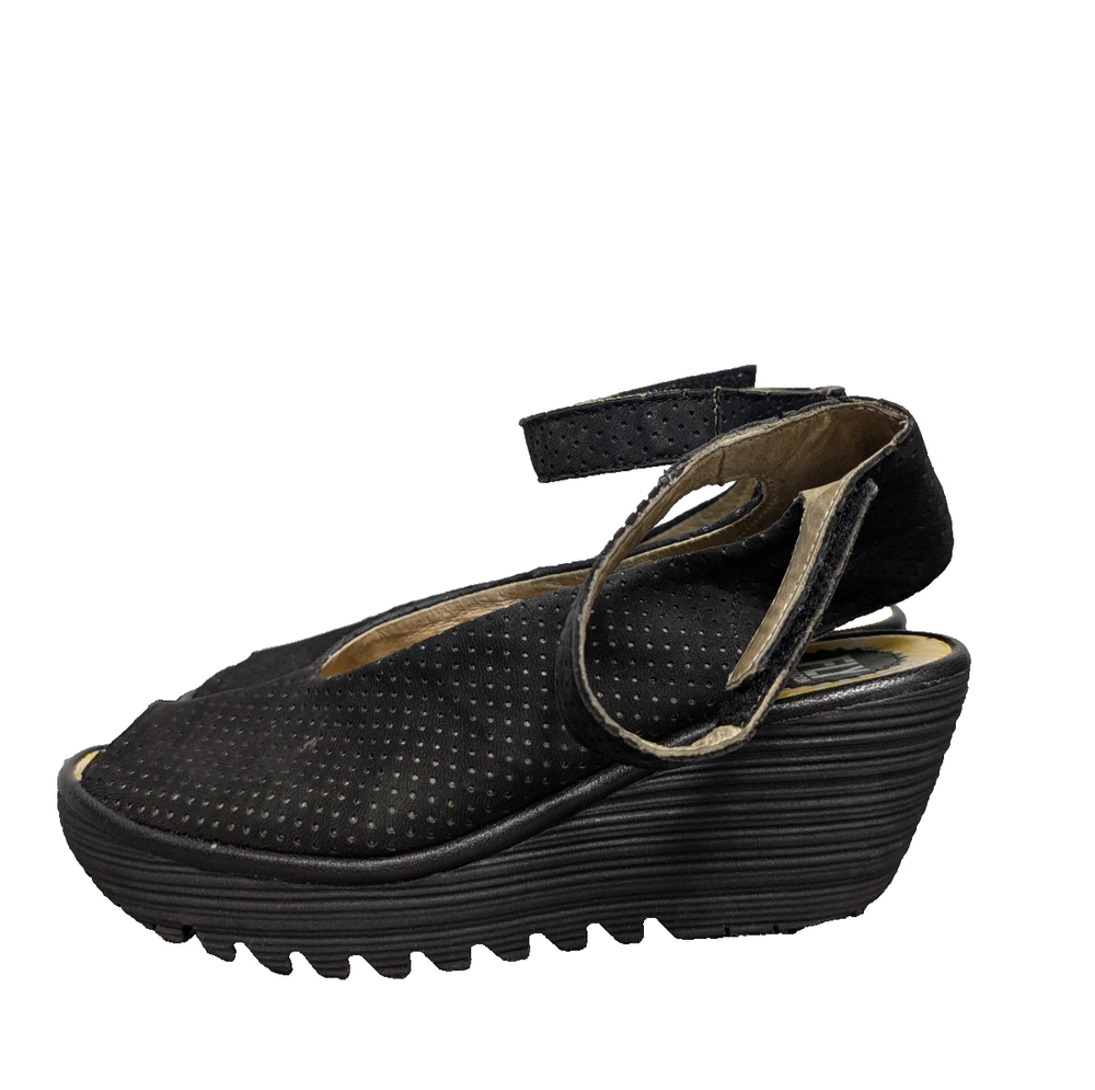 Fly London Yala Wedges Womens EU40 US9 Perforated Sandals Black Leather Boho